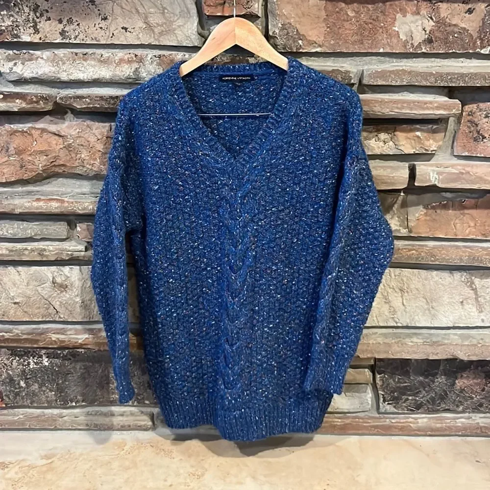 Adrienne Vittadini Blue Speckled V-Neck Knit Sweater